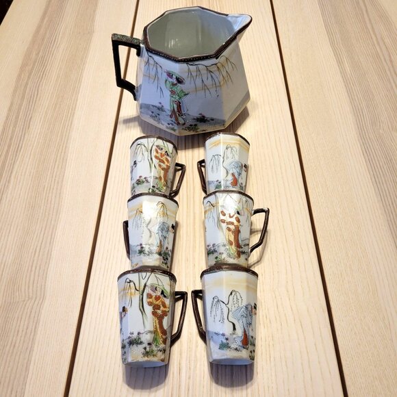Vintage Antique Japanese Pitcher and Cup Set Geisha Asian Pattern Hand Painted - Picture 16 of 16